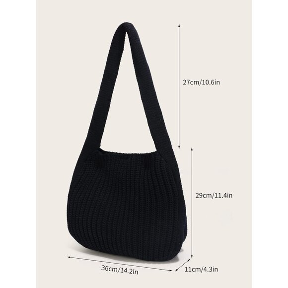 Women's Black Shoulder Handbags Crocheted Bags Large Knit Bag Tote Bag - Picture 2 of 9